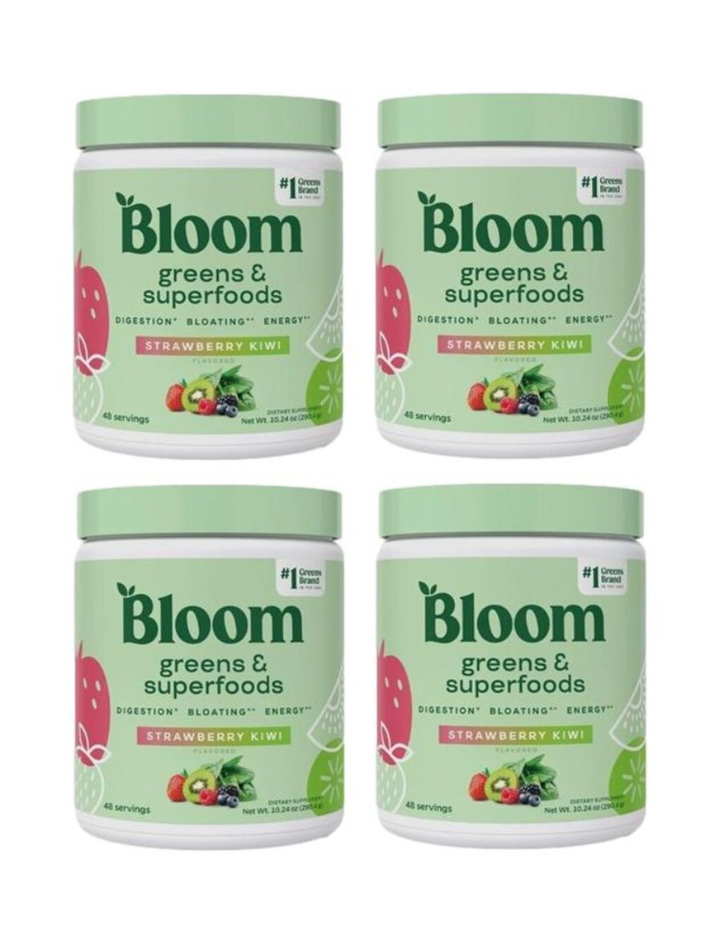 4 Pack Bloom Super Greens & Superfoods Powder Strawberry Kiwi 48 Ser, EXP 11/26